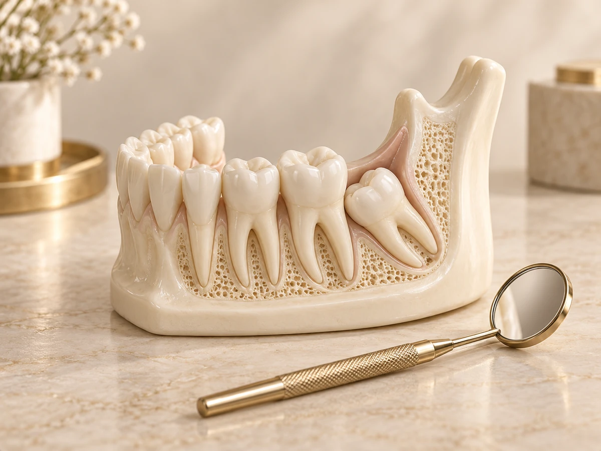Ilustração de um modelo odontológico com o dente do siso, em tons de creme e dourado.